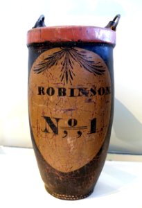 Fire bucket no. 1, made for Robinson family by unknown maker, probably Bennington VT, 1790-1820, painted leather and iron - Bennington Museum - Bennington, VT - DSC08876