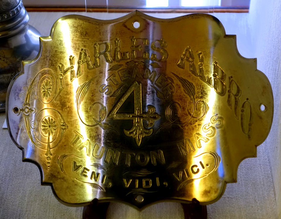 Fire Engine nameplate, 1873, probably nickel, silver on brass - Old Colony History Museum - Taunton, Massachusetts - DSC03884