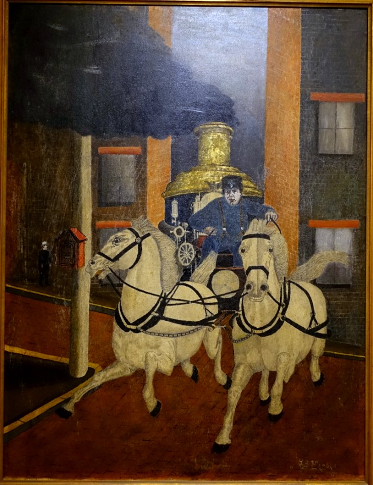 Fire Wagon Pulled by Horses, by J. S. Martin, c. mid 1800s, oil on panel - Cape Ann Museum - Gloucester, MA - DSC01060