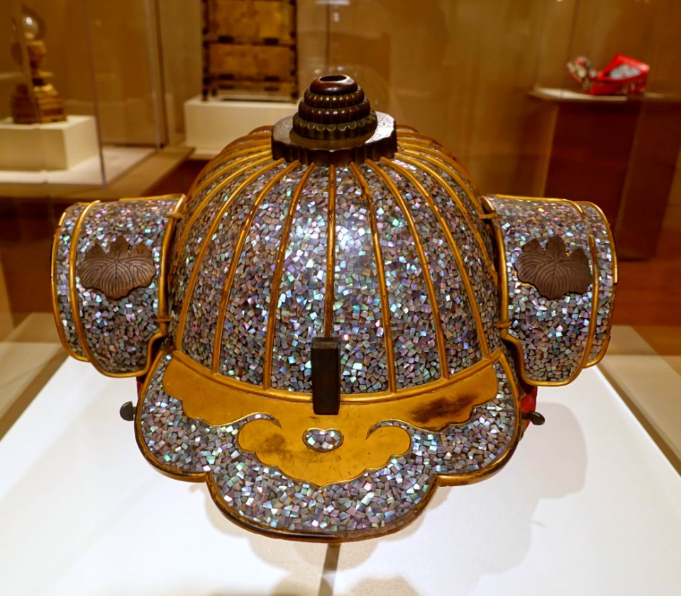 Fireman's helment, Japan, 1700s-1800s AD, iron, shell, lacquer, brass, wood - Peabody Essex Museum - DSC07565