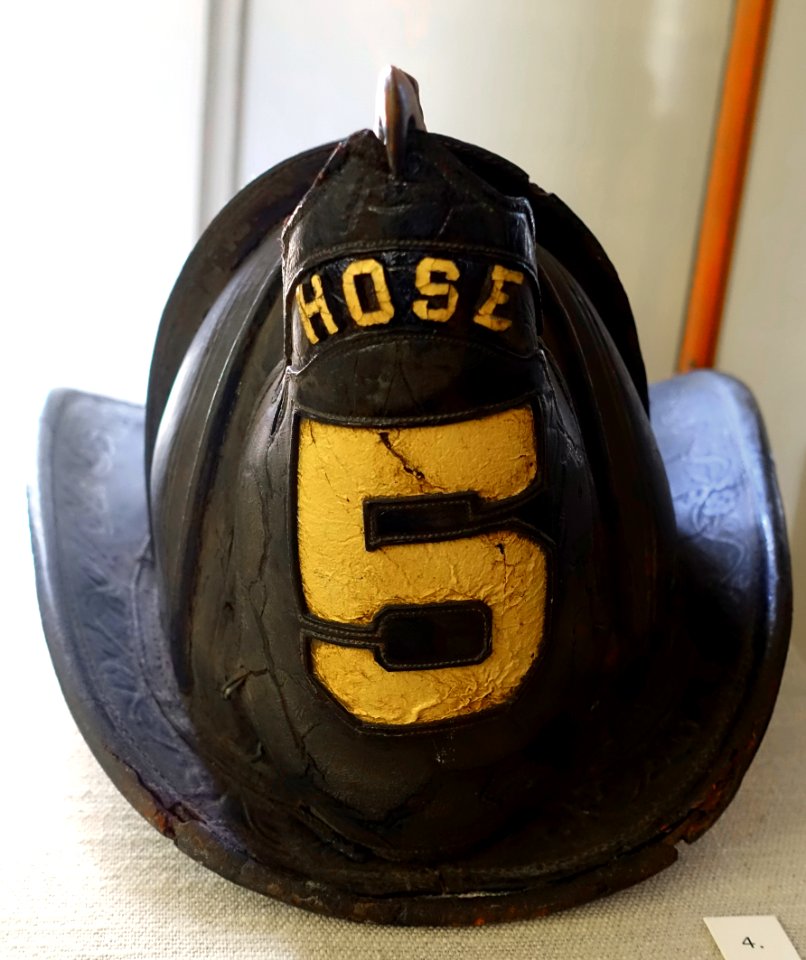 Fire helmet, c. 1893, leather, steel - Old Colony History Museum - Taunton, Massachusetts - DSC03887