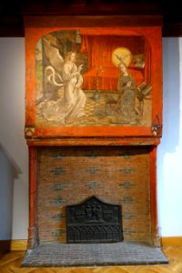 Fireplace with Annunciation painting, Belgium, Bruges, late 15th century - Cinquantenaire Museum - Brussels, Belgium - DSC08588