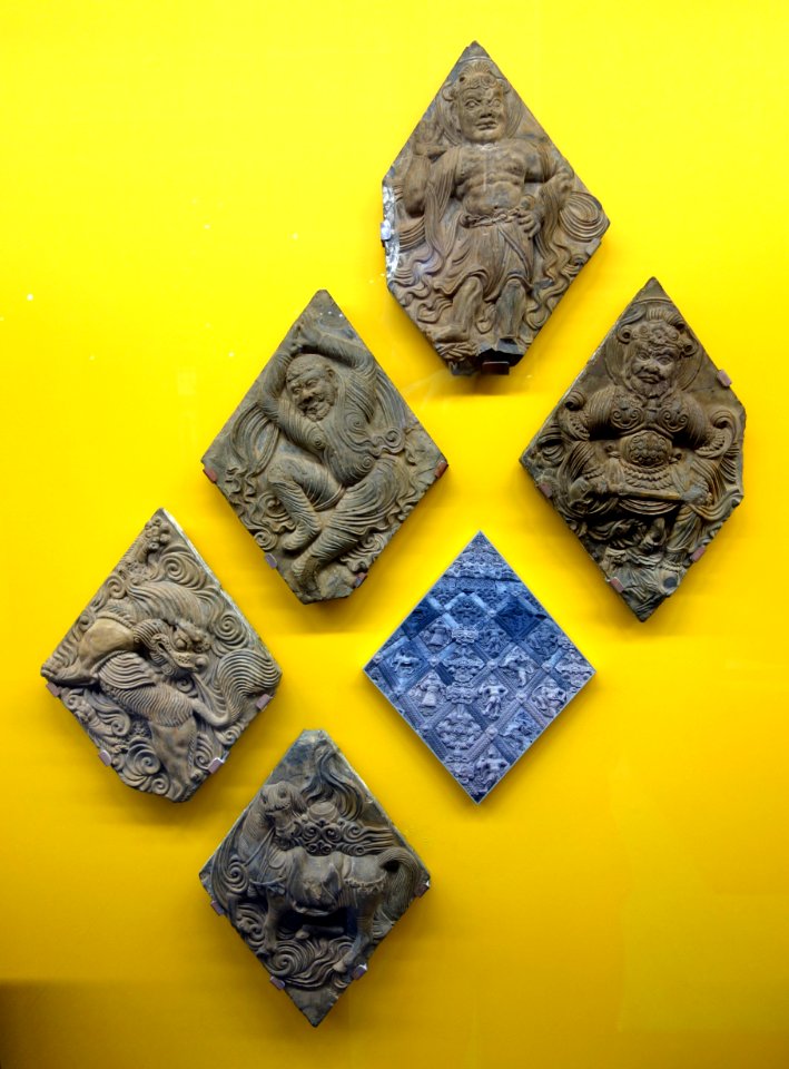 Five Tiles from Xiuding Monastery, Anyang, China, view 1, Tang dynasty, 7th century AD, earthenware - Royal Ontario Museum - DSC03635