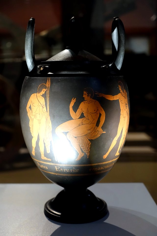 First Day Vase, shape 49 in the Shape Number One Book, from Hamilton's Antiquities Vol. 1, 13 June 1769, basalt with encaustic decoration - Wedgwood Museum - Barlaston, Stoke-on-Trent, England - DSC09577
