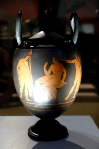 First Day Vase, shape 49 in the Shape Number One Book, from Hamilton's Antiquities Vol. 1, 13 June 1769, basalt with encaustic decoration - Wedgwood Museum - Barlaston, Stoke-on-Trent, England - DSC09577