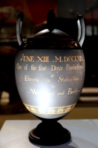 First Day Vase, shape 49 in the Shape Number One Book, inscription, 13 June 1769, basalt with encaustic decoration - Wedgwood Museum - Barlaston, Stoke-on-Trent, England - DSC09576