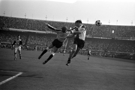 Feyenoord tegen Vitesse 4-0 . Willem van Hanegem in duel met keeper Gert Bals, Bestanddeelnr 924-9764