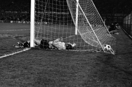 Feyenoord tegen Ruch Chorzow 3-1, doelman Treytel ligt het doel, Bestanddeelnr 927-0784