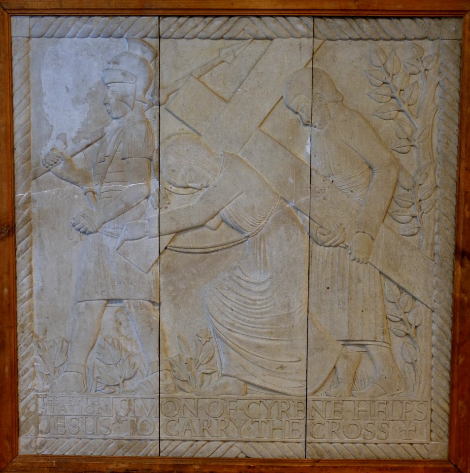 Fifth Station of The Cross, trial panel for Westminster Cathedral, by Eric Gill, 1914, Hoptonwood stone relief in three vertical stones - Harry Ransom Center - University of Texas at Austin - DSC08567
