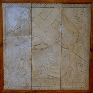 Fifth Station of The Cross, trial panel for Westminster Cathedral, by Eric Gill, 1914, Hoptonwood stone relief in three vertical stones - Harry Ransom Center - University of Texas at Austin - DSC08567