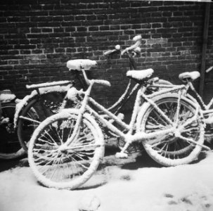 Fietsen in de sneeuw om acht uur 's-morgens te Amsterdam, Bestanddeelnr 918-5017
