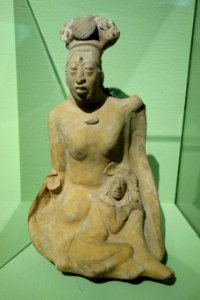 Figure of a woman with child, view 1, Mayan, Jaina Island, Campeche, Mexico, c. 600-900 AD, ceramic - Fitchburg Art Museum - DSC08793