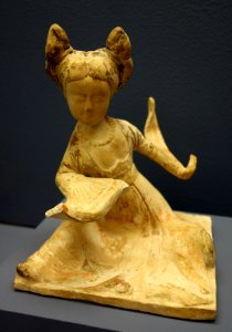 Figure of seated dancer, China, Tang dynasty, 618-906 AD, unglazed earthenware, painted - Fitchburg Art Museum - DSC08747