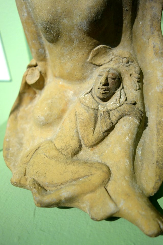 Figure of a woman with child, view 3, Mayan, Jaina Island, Campeche, Mexico, c. 600-900 AD, ceramic