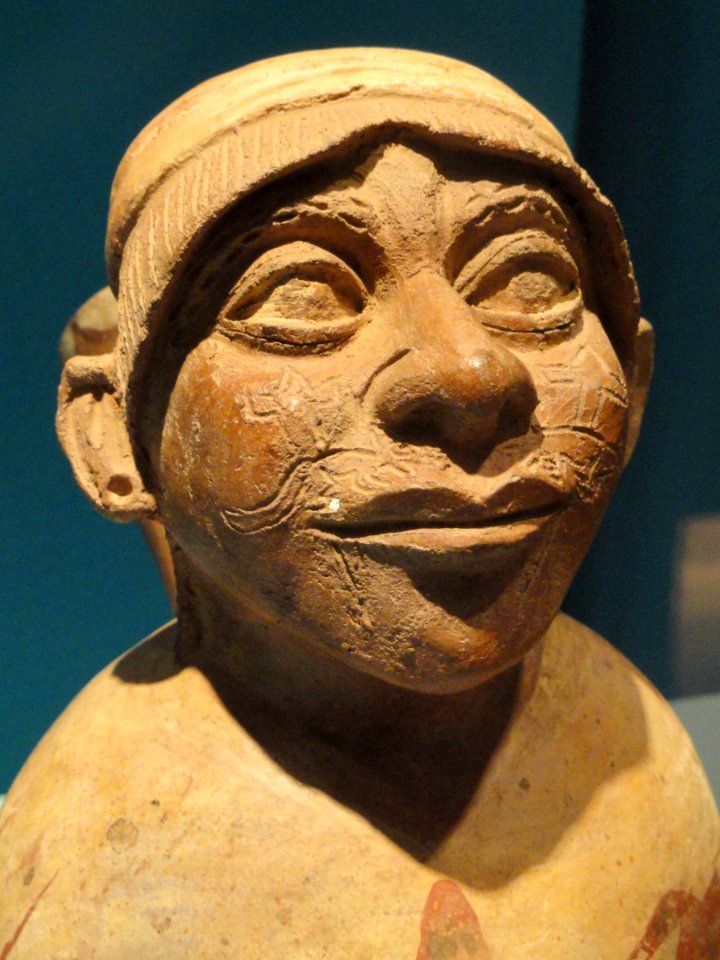 Figural vessel, view 2, Moche, Peru, 500-700 CE, ceramic with polychrome pigments - Mount Holyoke College Art Museum - DSC04615