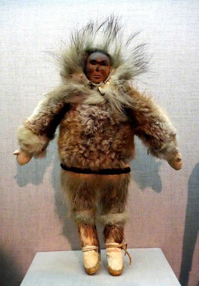Figure, Alaska, Eskimo, Inupiaq, 1940-1950, seal, rabbit, and elk fur, caribou skin, wood, pigment, commercial cotton thread - De Young Museum - DSC00282