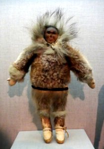 Figure, Alaska, Eskimo, Inupiaq, 1940-1950, seal, rabbit, and elk fur, caribou skin, wood, pigment, commercial cotton thread - De Young Museum - DSC00282