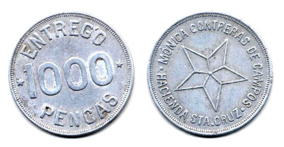Ficha por 1000 pencas de la Hacienda Santa Cruz, Yucatán (01)(anverso y reverso)