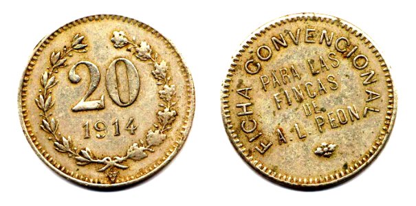 Ficha por $ 0.20 de las fincas de Agusto L. Peón de 1914, Yucatán (01)(anverso y reverso)