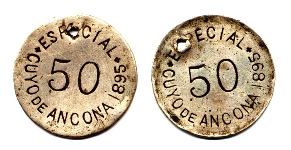 Ficha por $ 0.50 de El Cuyo de Ancona de 1895, Yucatán (01)(anverso y reverso)