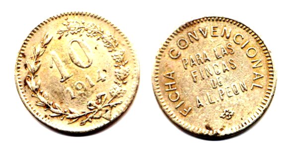 Ficha por $ 0.10 de las fincas de Agusto L. Peón de 1914, Yucatán (01)(anverso y reverso)