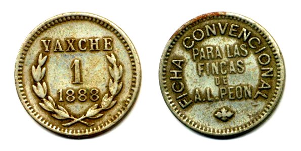 Ficha por 1 real de la Hacienda Yaxché de Peón, Yucatán de 1888 (01)(anverso y reverso)