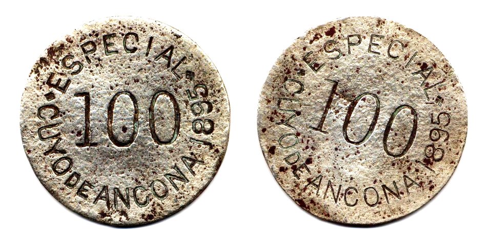 Ficha por $ 1.00 de El Cuyo de Ancona de 1895, Yucatán (01)(anverso y reverso)
