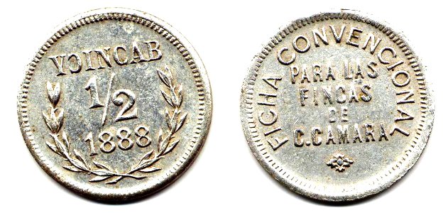 Ficha por medio real de la Hacienda Itzincab Cámara, Yucatán de 1888 (01)(anverso y reverso)