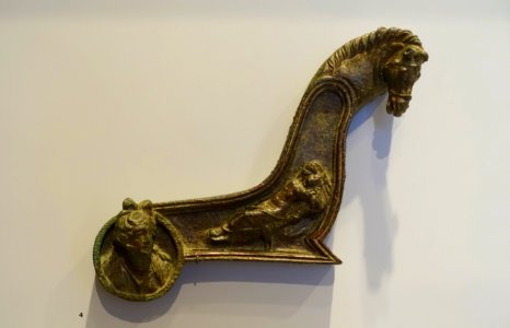 Fulcrum (couch attachment) with bust of a maenad and sleeping Ariadne, Roman, 2nd century BC to 50 AD, bronze - Sackler Museum - Harvard University - DSC01840