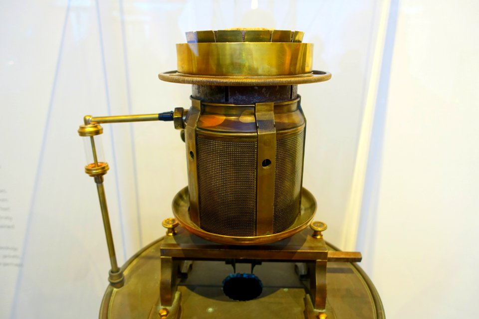 Funck Moderator Float Lamp, c. 1883, brass with five wicks - Cape Ann Museum - Gloucester, MA - DSC01355