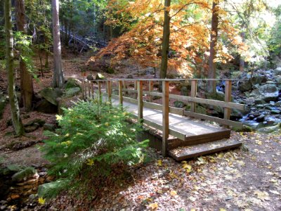 Fußgängerbrücke aus Holz im Verlauf des Bremer Wegs an den Unteren Ilsefällen Mitte Oktober 2018