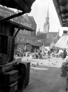 Fruitmarkt met duiven tussen de kramen en op de achtergrond de toren van het Alt, Bestanddeelnr 191-0002