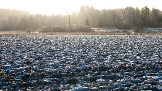 Frosty plowed field and haze