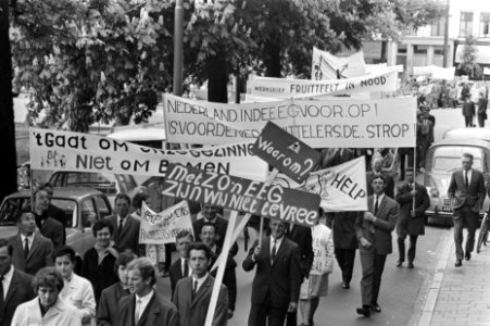 Fruittelers demonstreren met borden in Den Haag demonstranten onderweg naar Mi, Bestanddeelnr 923-5495