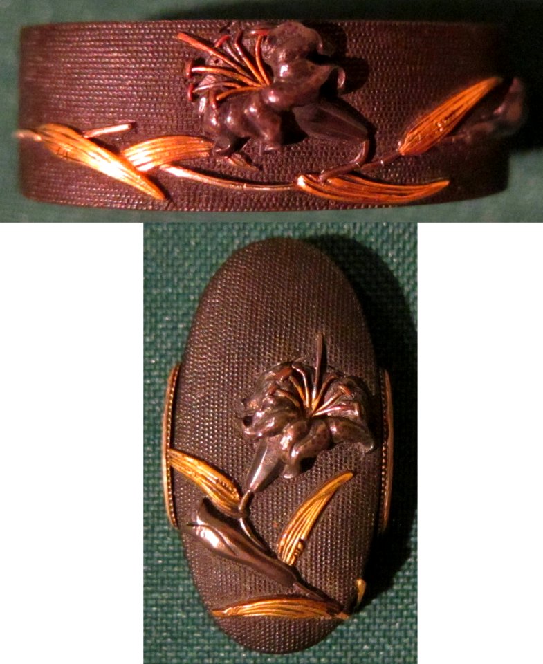 Fuchi and kashira with tiger lilies design by Sano Naoyoshi