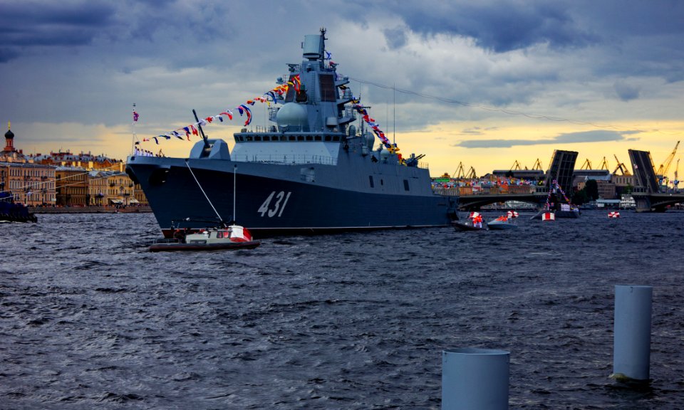 Frigate 'Admiral Kasatonov' is moored in the Neva River, St. Petersburg. July 24, 2020
