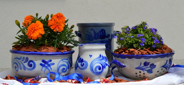Blue flowers clay pot