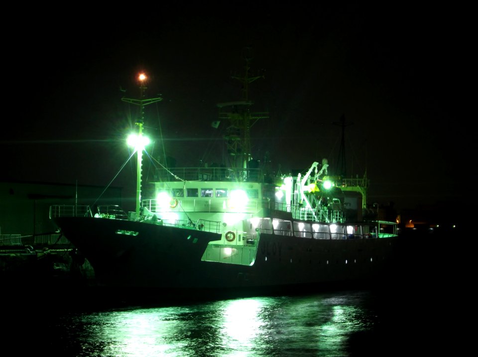 Front view of Wakatakemaru a fishery training vessel of Hokkaido Goverment Board of Education at night