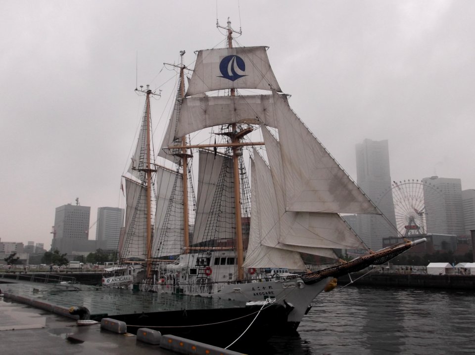 Front view of Sail drill of Sail ship Akogare at port of Yokohama