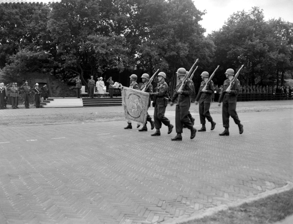 Garderegiment grenadiers krijgt nieuw vaandel, defile met nieuw vaandel, Bestanddeelnr 911-4565
