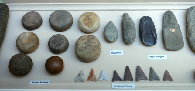 Game stones, plummets, plain gouges, and Levanna points - Late Woodland collection - Robbins Museum - Middleborough, Massachusetts - DSC03849