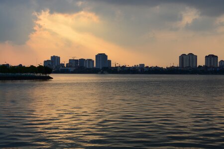 Sunset lake city scape