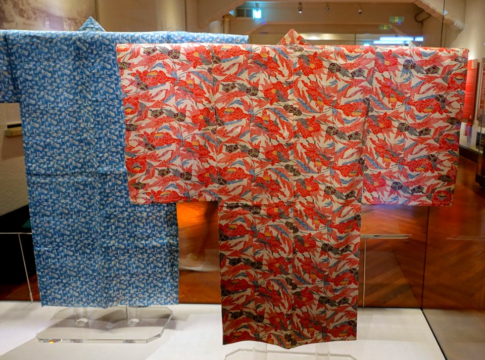 Garment with peony design in bingata stencil dyeing, 2 of 2, Okinawa Main Island, Second Sho dynasty, Ryukyu kingdom, 1800s AD, cotton - Tokyo National Museu- Tokyo National Museum - Tokyo, Japan - DSC09143