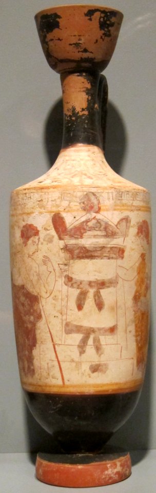 Funerary lekythos (oil bottle), attributed to the Reed Painter, Attic, 5th century BCE, white-ground terracotta, HAA