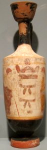 Funerary lekythos (oil bottle), attributed to the Reed Painter, Attic, 5th century BCE, white-ground terracotta, HAA