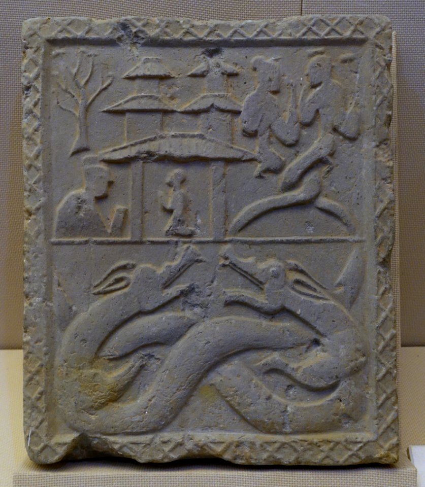 Fuxi and Nvwa with tower and twin dragons, China, unearthed from a cliff tomb, Alkali factory, Pengshan, Eastern Han dynasty, 25-220 AD, tomb tile - Sichuan Provincial Museum - Chengdu, China - DSC04841