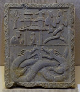 Fuxi and Nvwa with tower and twin dragons, China, unearthed from a cliff tomb, Alkali factory, Pengshan, Eastern Han dynasty, 25-220 AD, tomb tile - Sichuan Provincial Museum - Chengdu, China - DSC04841