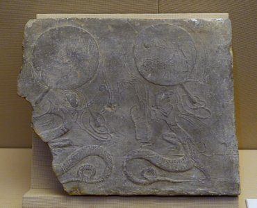 Fuxi and Nvwa, China, collected from Chongzhou City, Sichuan, Eastern Han dynasty, 25-220 AD, tomb tile - Sichuan Provincial Museum - Chengdu, China - DSC04803