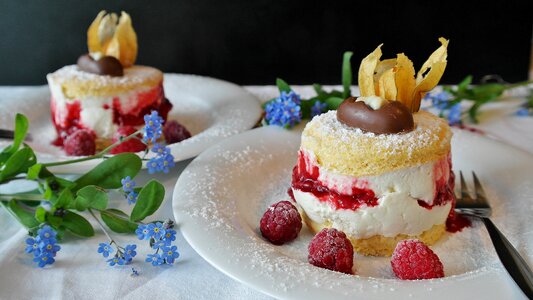 Raspberries dessert cream photo