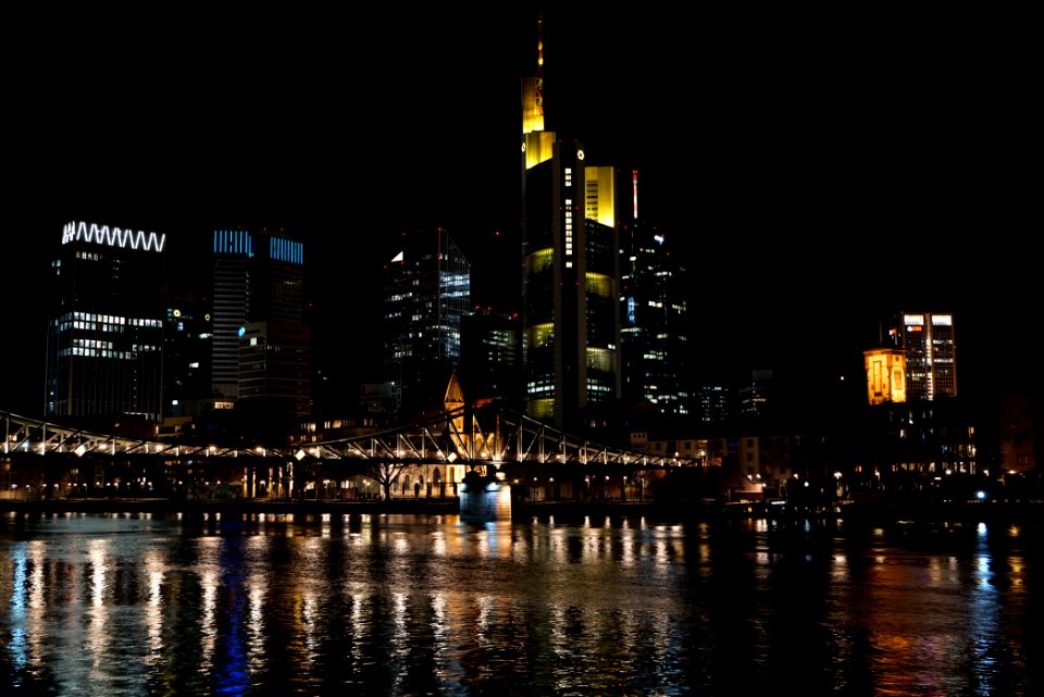 Frankfurt am Main city center from other side of the Main at night 2020-03-22 09